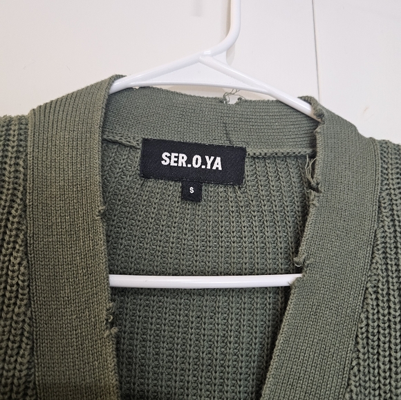 SEROYA olive Green Amanda Distressed Long Cardigan Dress Sweater S - Picture 6 of 8